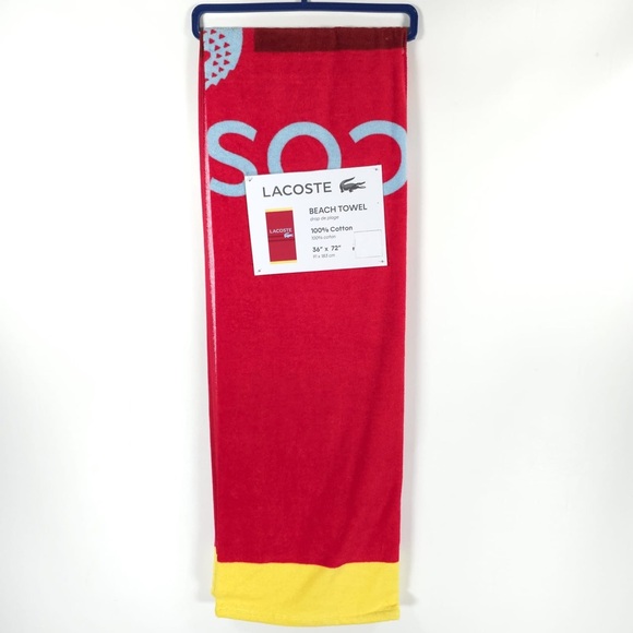 NWT LACOSTE CROC LOGO RED BEACH TOWEL 100% COTTON 36” x 72” - Picture 2 of 5